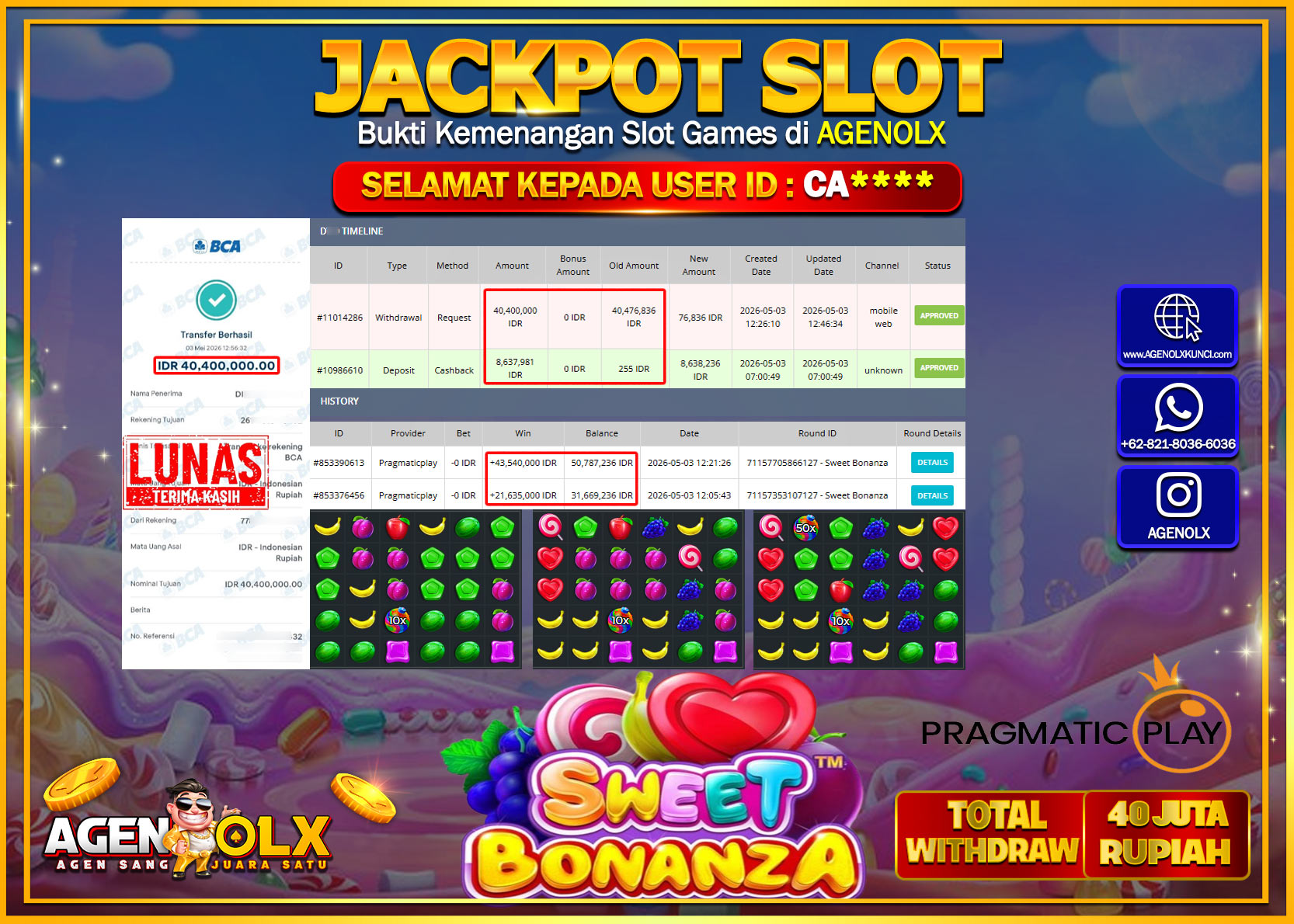 AGENOLX JACKPOT SLOT SWEET BONANZA Rp 40.400.000 - LUNAS