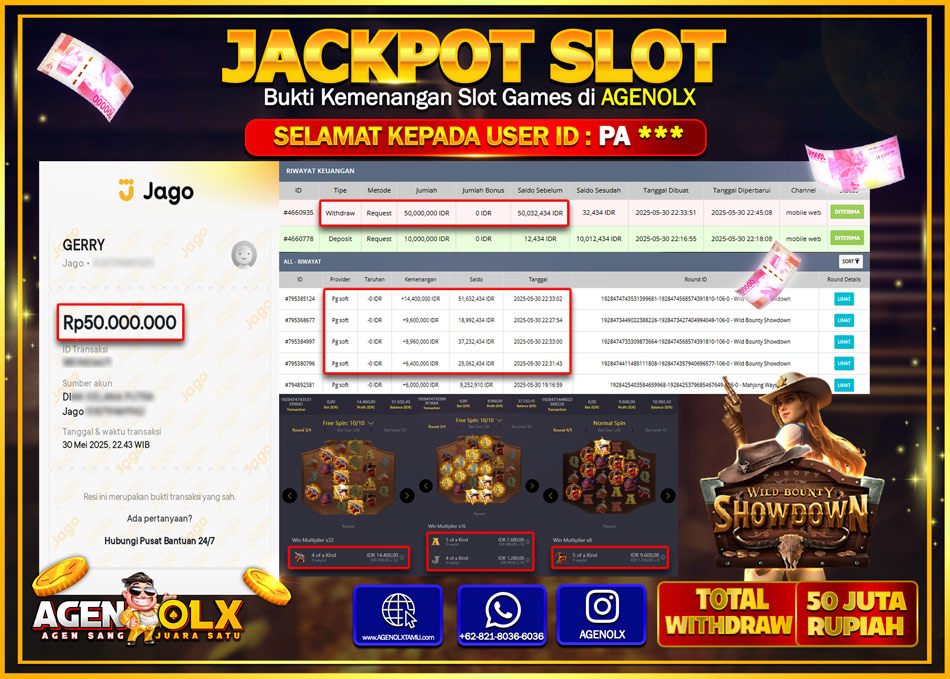AGENOLX JACKPOT SLOT WILD BOUNTY SHOWDOWN Rp 50.000.000,- LUNAS