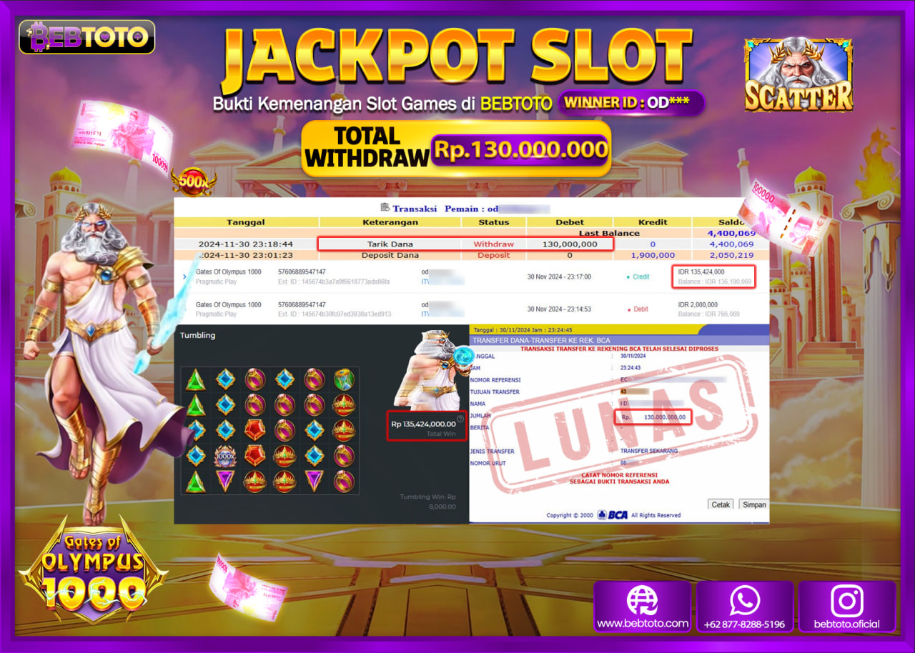 JACKPOT SLOT BEBTOTO GATES OF OLYMPUS 1000 Rp.130.000.000.,- LUNAS