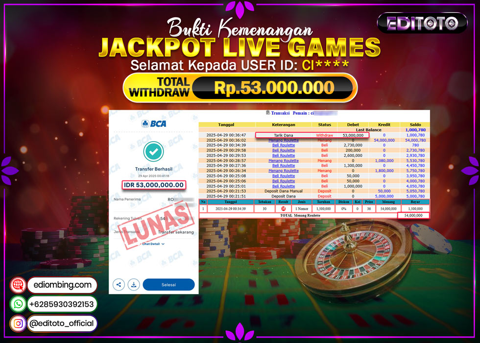 JACKPOT EDITOTO LIVE GAME ROULETTE Rp.53.000.000.,- LUNAS