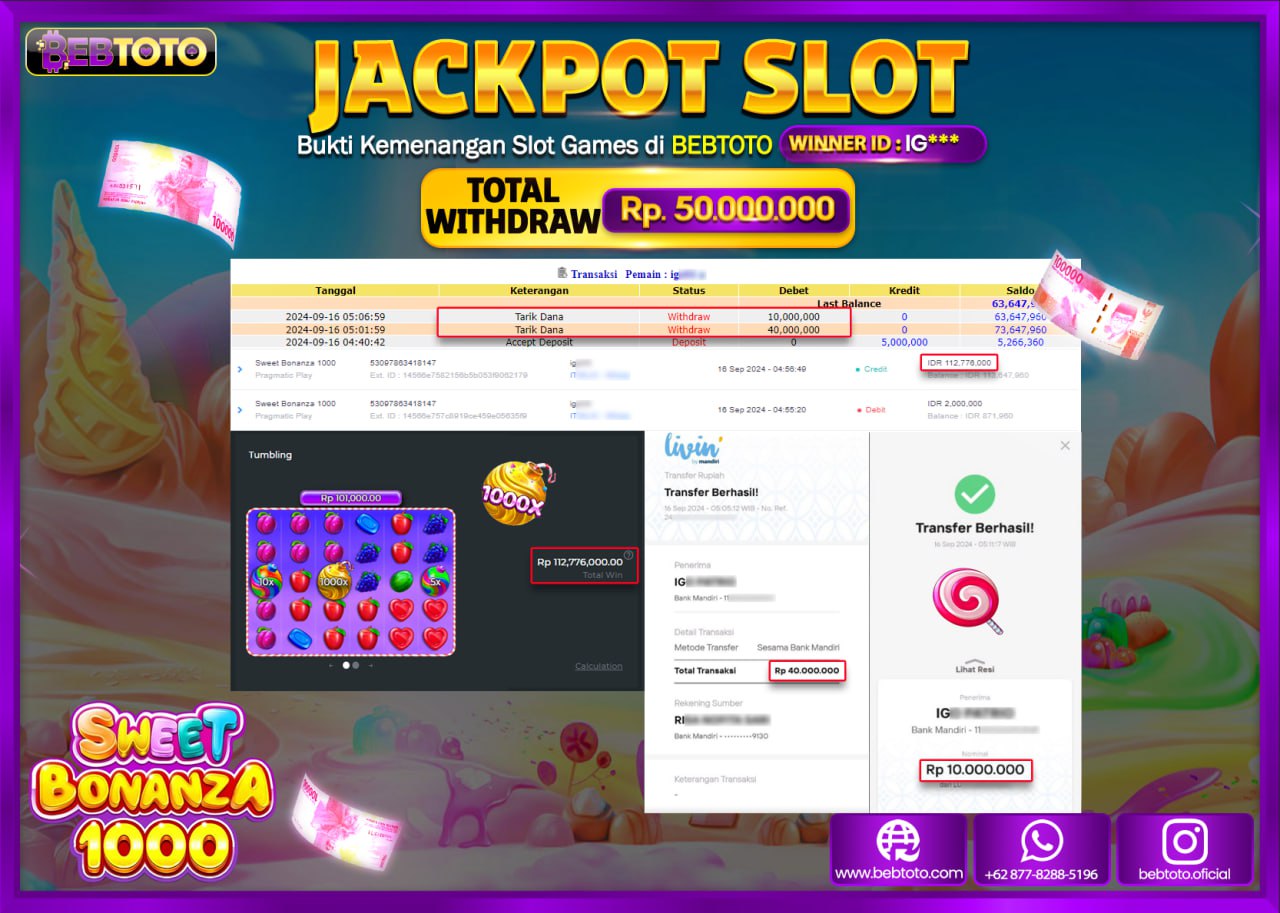 JACKPOT SLOT BEBTOTO SWEET BONANZA 1000 Rp.50.000.000.,- LUNAS