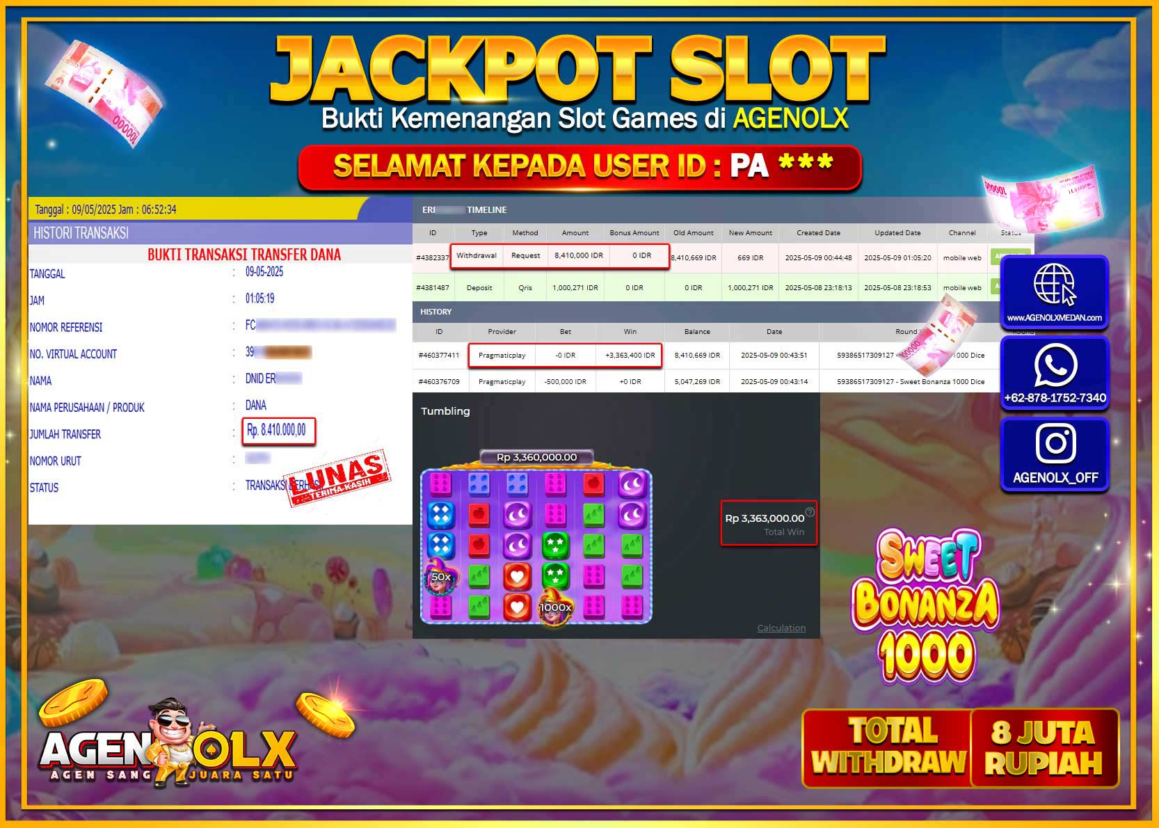 AGENOLX JACKPOT SLOT SWEET BONANZA 1000 DICE Rp 8.410.000,- LUNAS