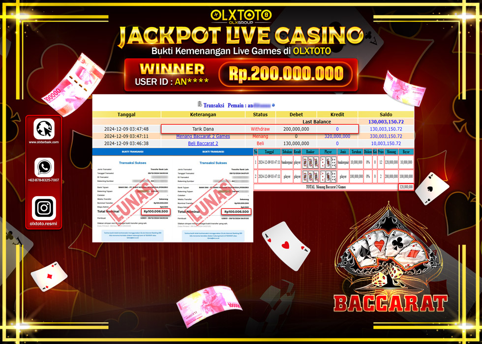 OLXTOTO JACKPOT  LIVE GAMES BACCARAT Rp.200.000.000.,- LUNAS