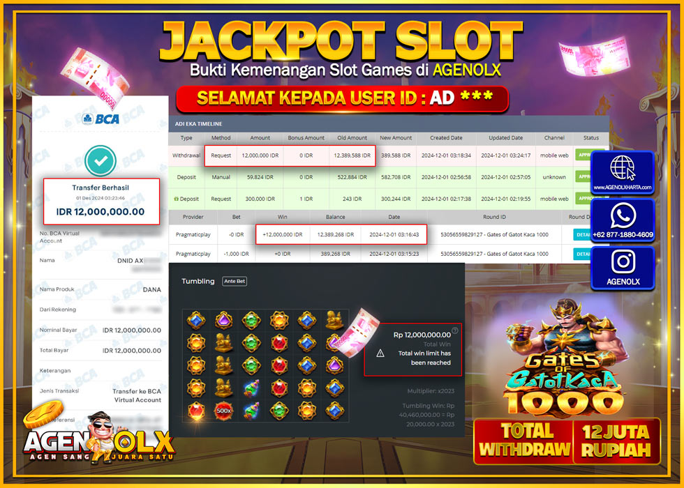AGENOLX JACKPOT SLOT GATES OF GATOT KACA 1000  Rp 12.000.000,- LUNAS