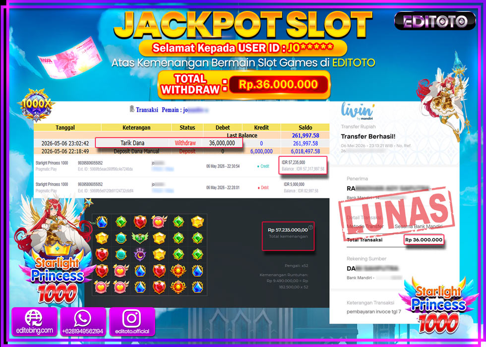 JACKPOT EDITOTO SLOT STARLIGHT PRINCESS 1000  Rp.36.000.000,- LUNAS