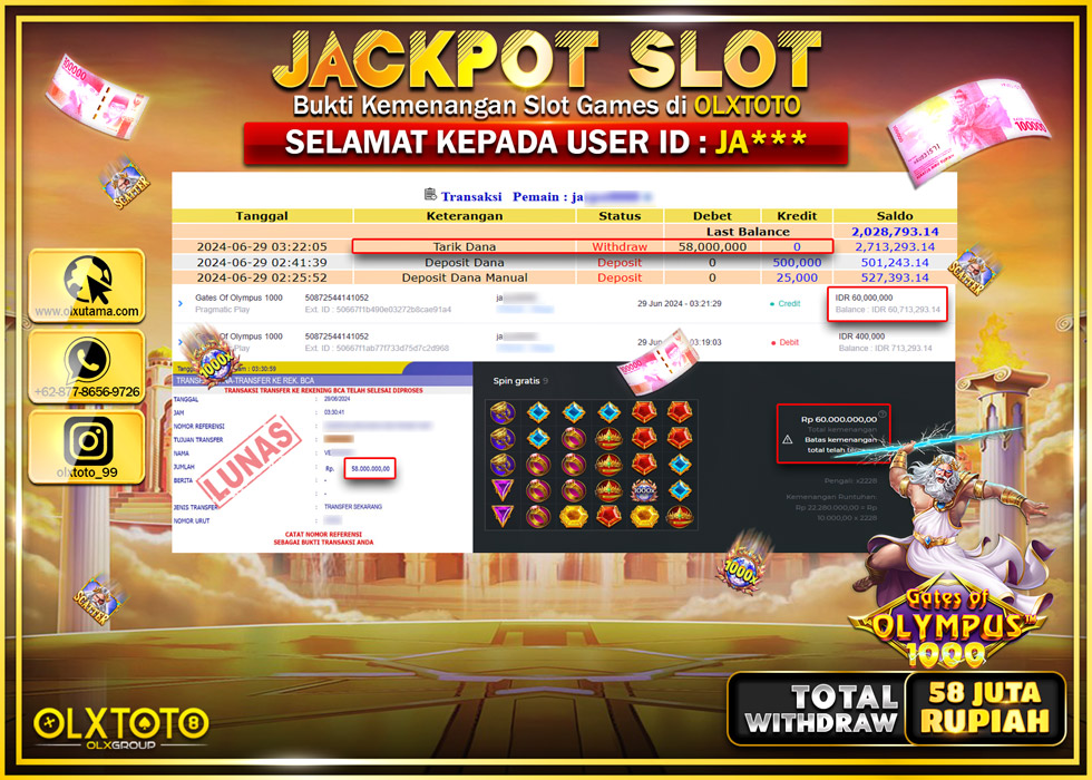 OLXTOTO JACKPOT  SLOT GATES OF OLYMPUS 1000   Rp.58.000.000.,- LUNAS
