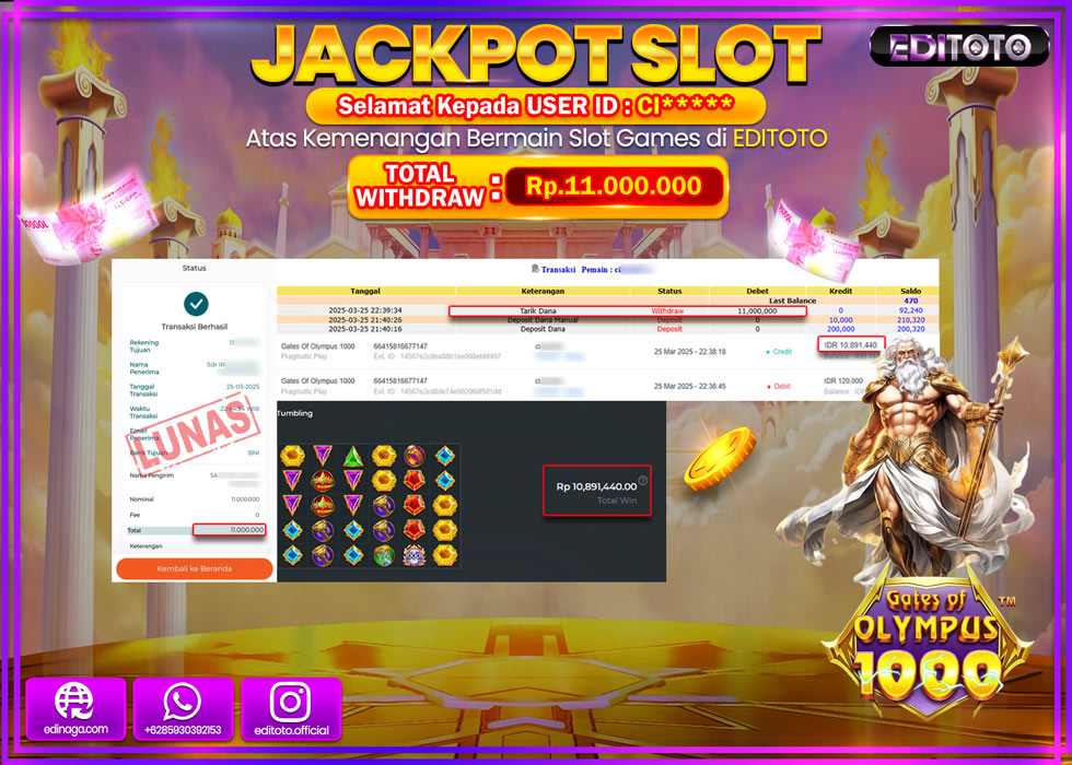 JACKPOT SLOT GATES OF OLYMPUS 1000 Rp.11.000.000.,- LUNAS