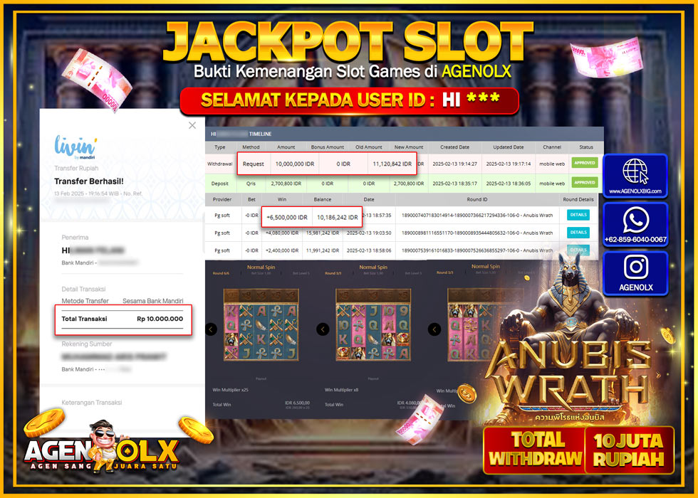 AGENOLX JACKPOT Provider PG SOFT Games ANUBIS WARTH Rp 10.000.000,- LUNAS