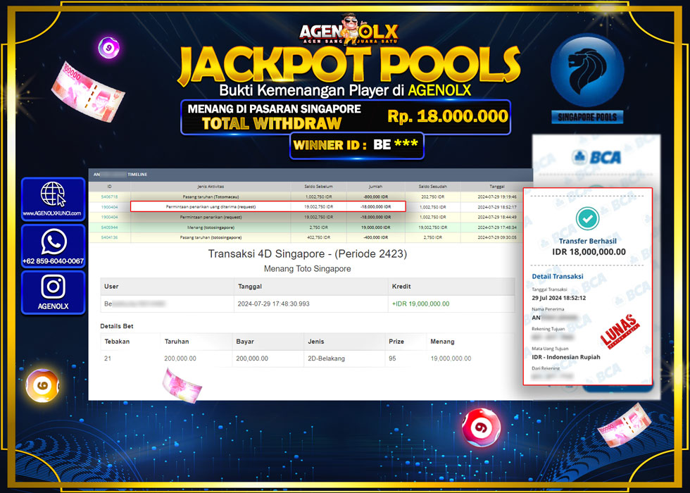 AGENOLX JACKPOT POOLS SINGAPORE Rp.18.000.000,- LUNAS