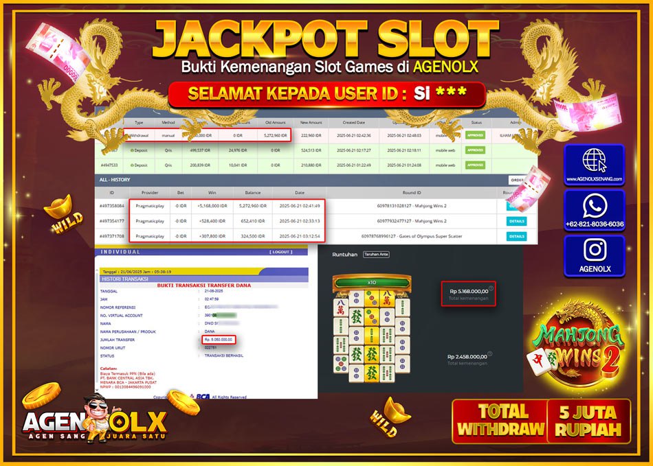 AGENOLX JACKPOT SLOT MAHJONG WINS 2 Rp 5.000.000,- LUNAS