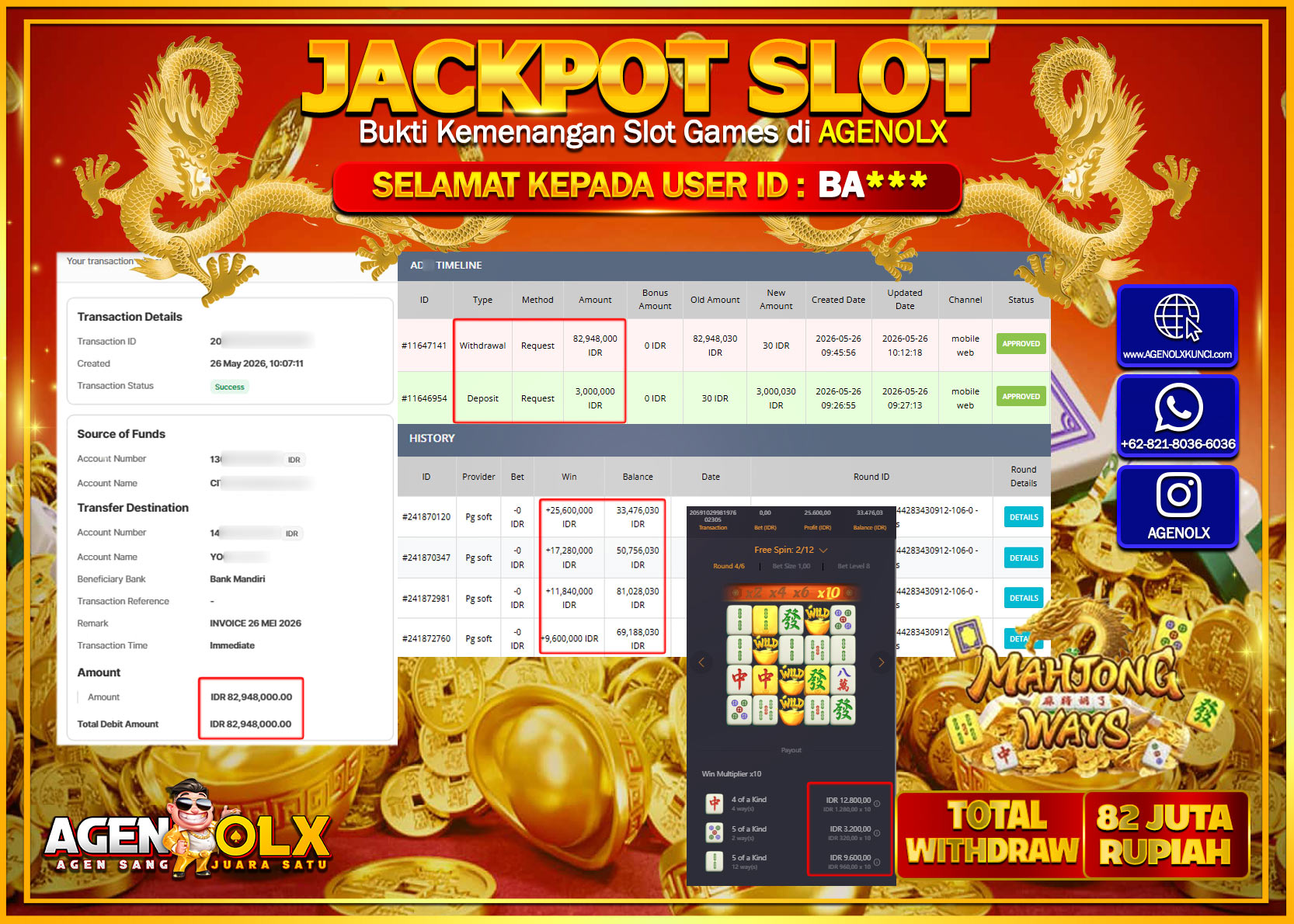 AGENOLX JACKPOT SLOT MAHJONG WAYS Rp 82.948.000 - LUNAS