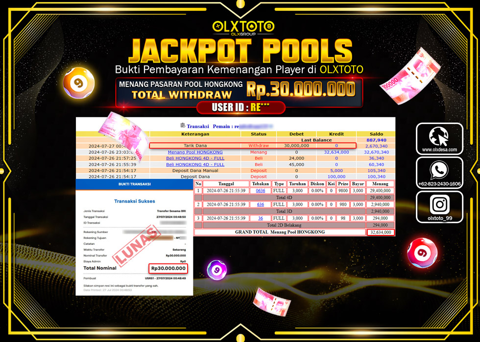 OLXTOTO JACKPOT  TOGEL POOL HONGKONG Rp.30.000.000.,- LUNAS