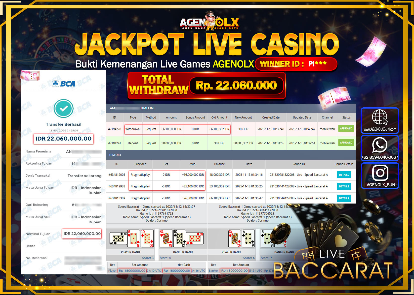 AGENOLX JACKPOT LIVE CASINO SPEED BACCARAT A  Rp 22,060,000,- LUNAS