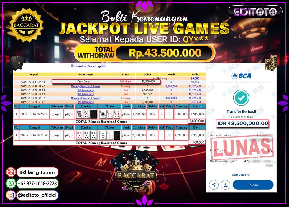 JACKPOT EDITOTO LIVE GAMES BACCARAT 3  Rp. 43.500.000.,- LUNAS