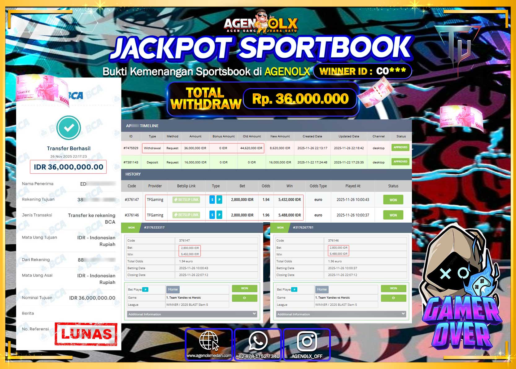 AGENOLX JACKPOT SPORTBOOK TF GAMING Rp 36,000,000,- LUNAS