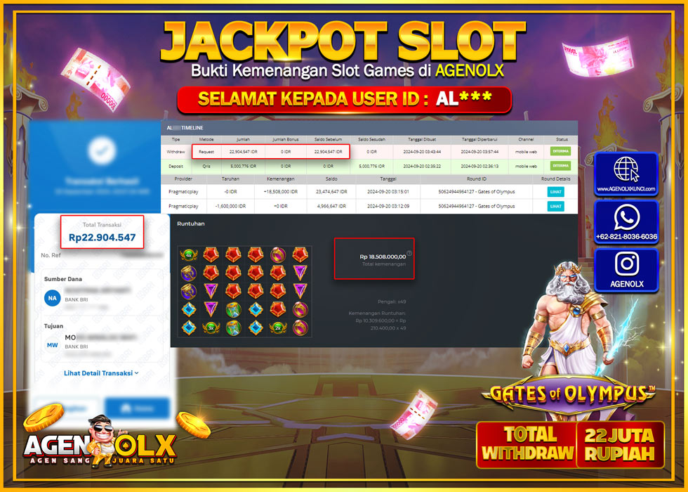 AGENOLX JACKPOT  SLOT GATES OF OLYMPUS Rp.22.000.000,- LUNAS