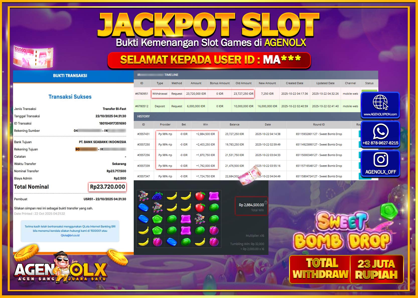 AGENOLX JACKPOT SLOT SWEET BOMB DROP  Rp 65,000,000,- LUNAS