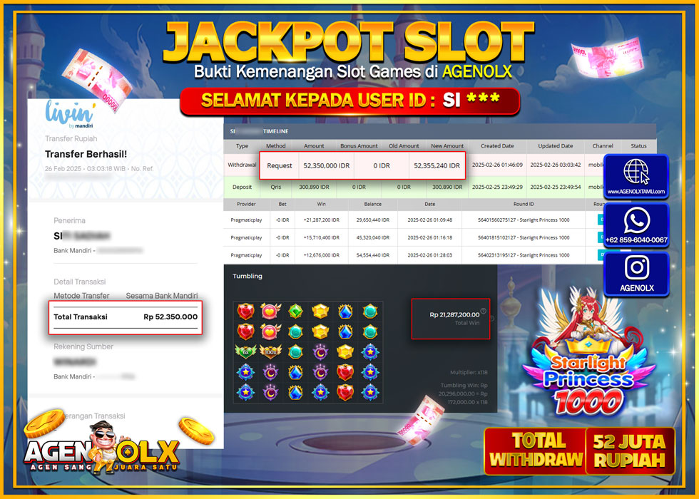 AGENOLX JACKPOT SLOT STARLIGHT PRINCESS 1000 Rp 52.000.000,- LUNAS