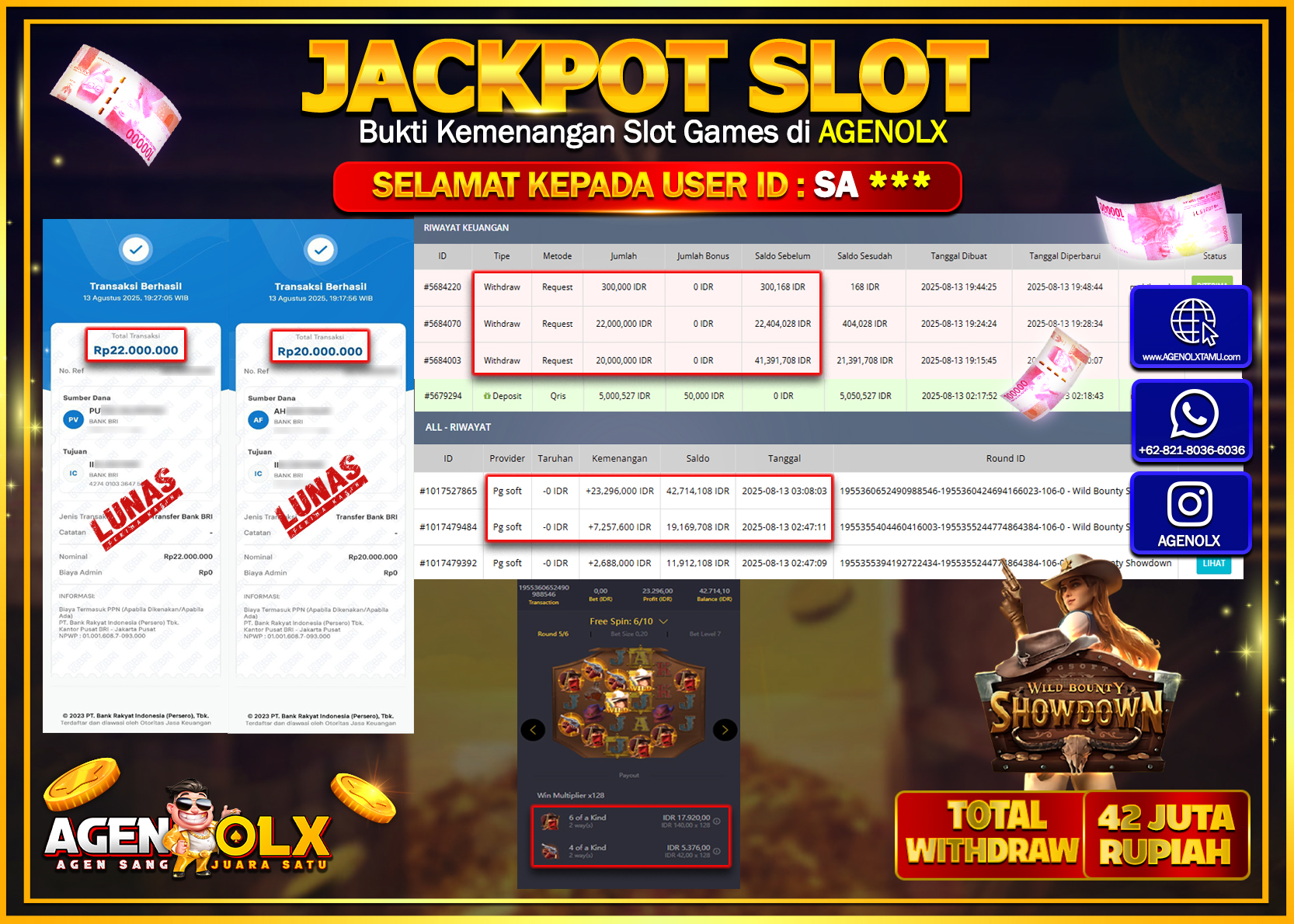 AGENOLX JACKPOT SLOT WILD BOUNTY SHOWDOWN  Rp 42,300,000,- LUNAS
