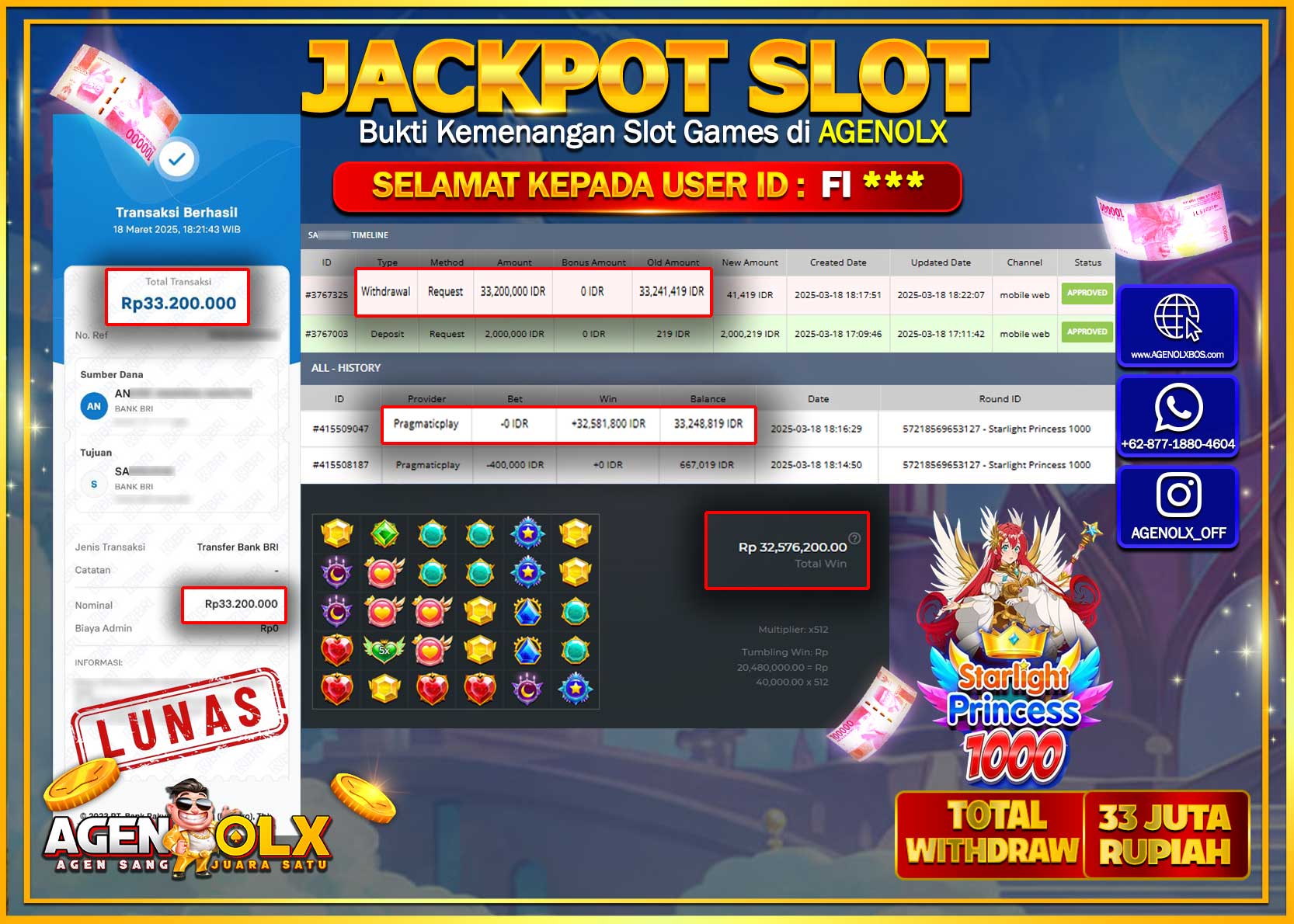 AGENOLX JACKPOT SLOT PRAGMATIC STARLIGHT PRINCESS 1000 Rp 33.200.000,- LUNAS