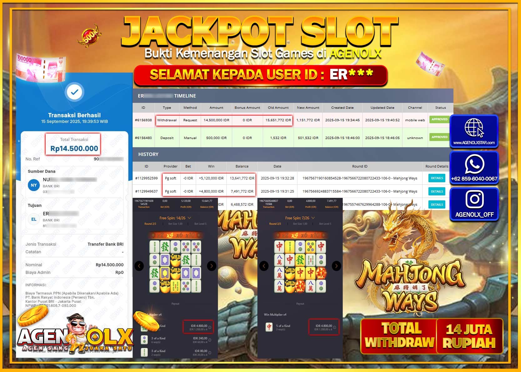 AGENOLX JACKPOT  SLOT MAHJONG WAYS  Rp 14,500,000,- LUNAS