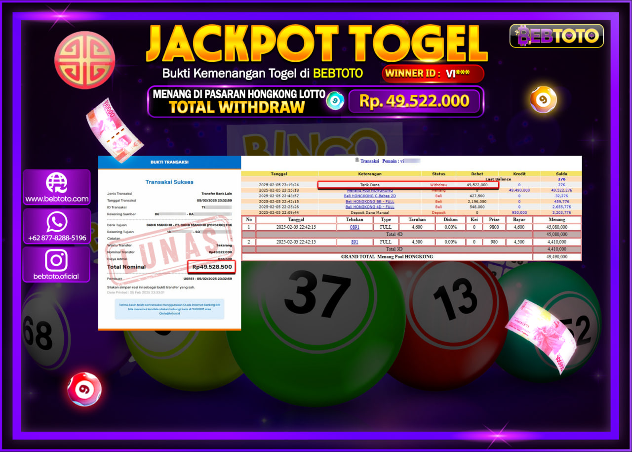 JACKPOT TOGEL BEBTOTO HONGKONG LOTTO Rp.49.522.000.,- LUNAS