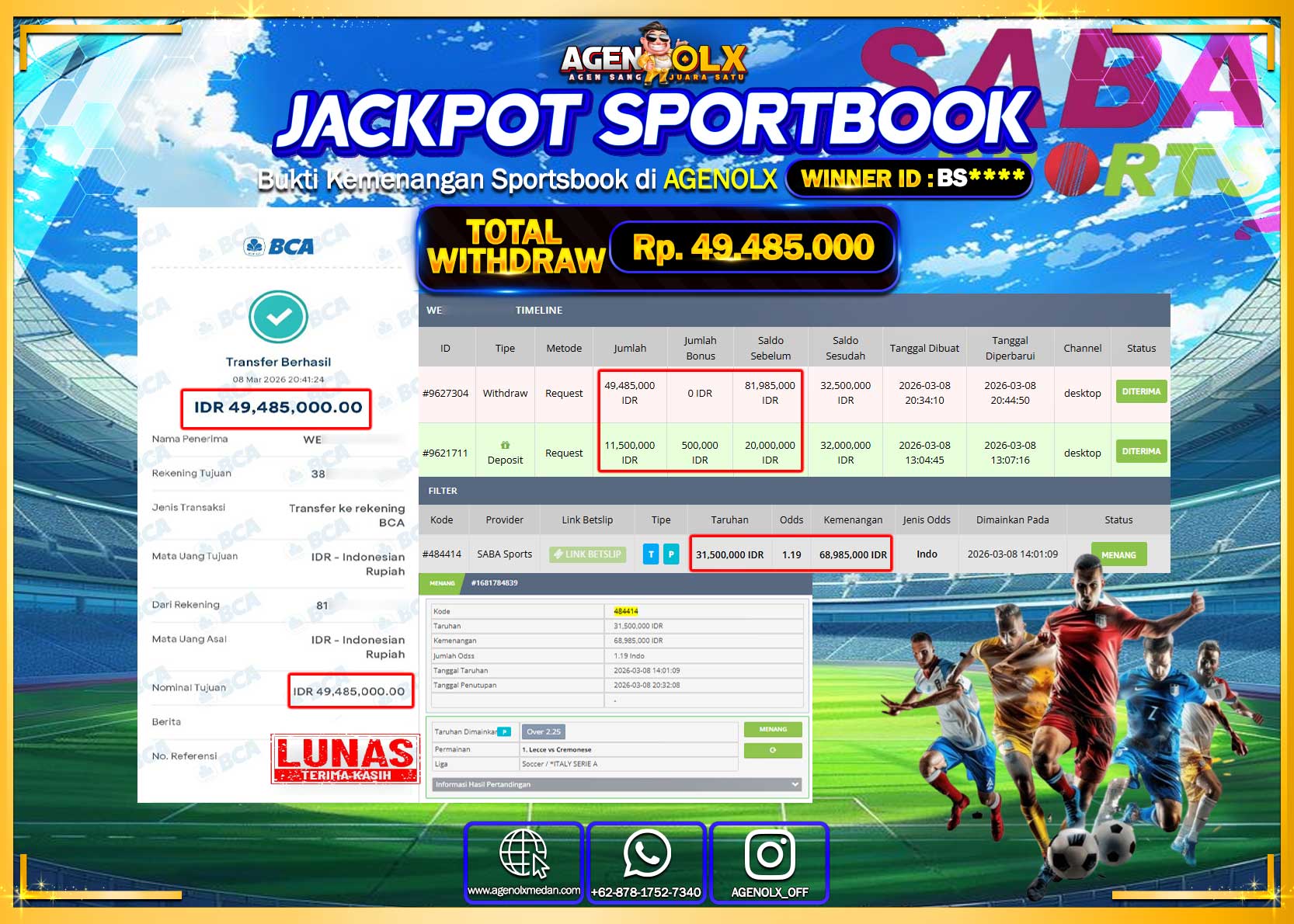 AGENOLX JACKPOT SABA SPORT  Rp 49.485.000- LUNAS