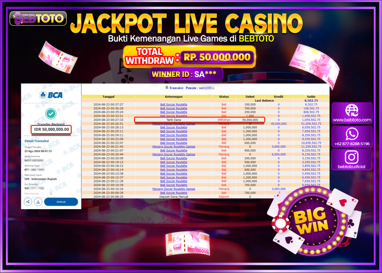 JACKPOT LIVE CASINO BEBTOTO SOCCER ROULETTE Rp.50.000.000.,- LUNAS