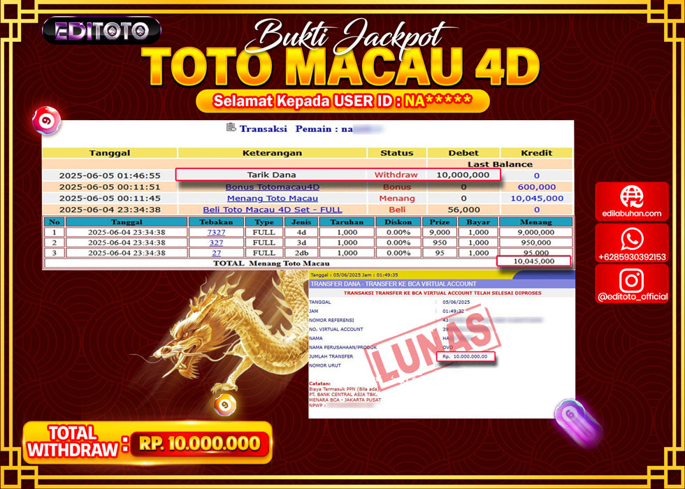 JACKPOT EDITOTO TOGEL PASARAN TOTO MACAU 4D Rp.10.000.000.,- LUNAS