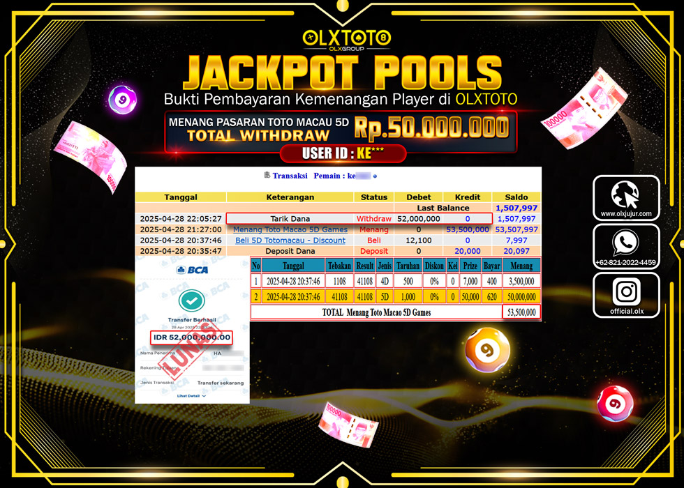 BINTANGSLOT77 JACKPOT TOGEL PASARAN TOTO MACAU 5D Rp.50.000.000.,- LUNAS