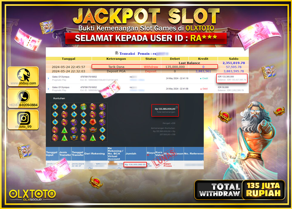 OLXTOTO JACKPOT SLOT GATES OF OLYMPUS  Rp.135.000.000.,- LUNAS