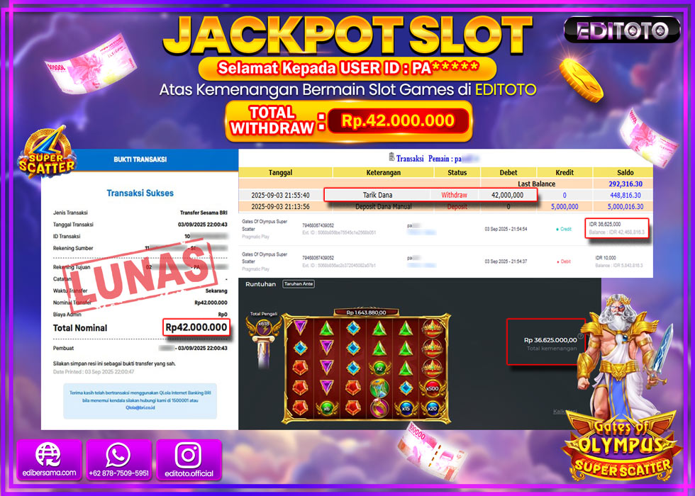 JACKPOT EDITOTO SLOT GATES OF OLYMPUS SUPER SCATTER Rp.42.000.000,- LUNAS 
