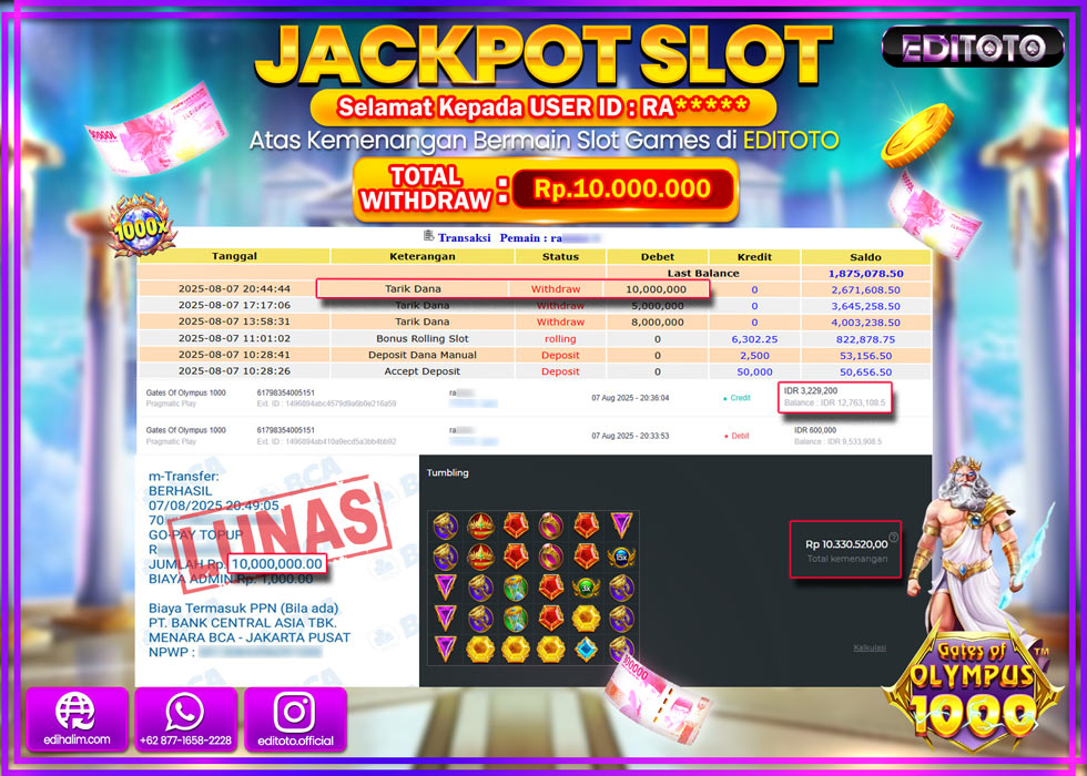 JACKPOT EDITOTO SLOT GATES OF OLYMPUS 1000 Rp.10.000.000,- LUNAS 