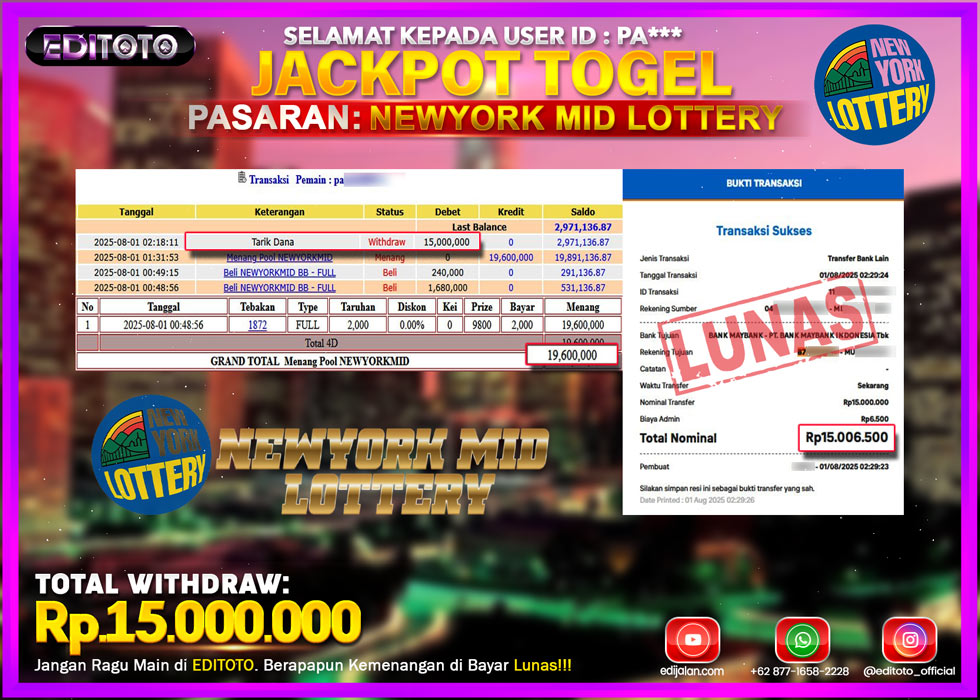 JACKPOT EDITOTO TOGEL PASARAN NEWYORK MID LOTTERY Rp.15.000.000.,- LUNAS