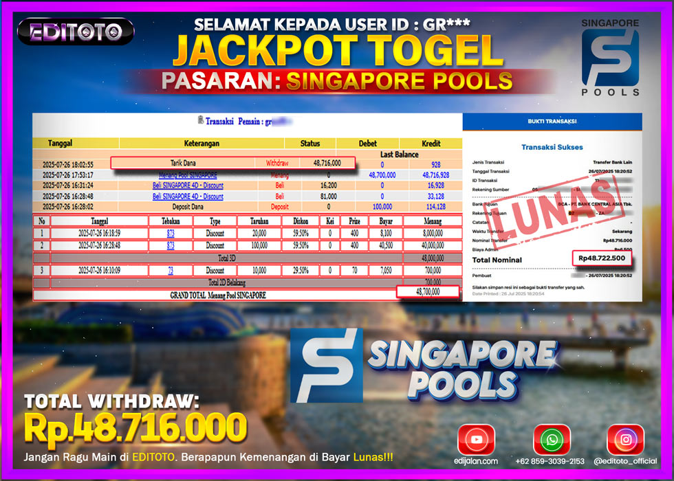 JACKPOT EDITOTO TOGEL PASARAN SINGAPORE POOLS Rp.48.716.000.,- LUNAS