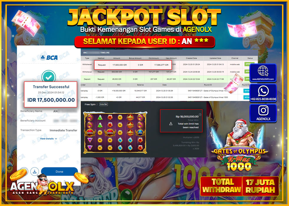 AGENOLX JACKPOT SLOT GATES OF OLYMPUS XMAS 1000 Rp 17.500.000,- LUNAS
