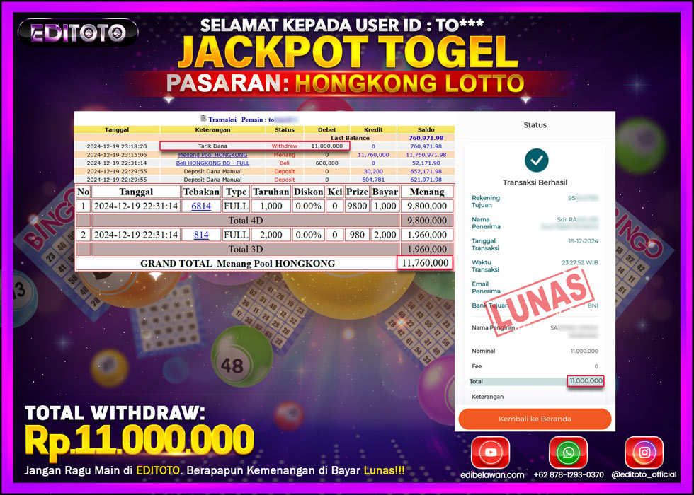 JACKPOT TOGEL PASARAN HONGKONG LOTTO Rp.11.000.000.,- LUNAS