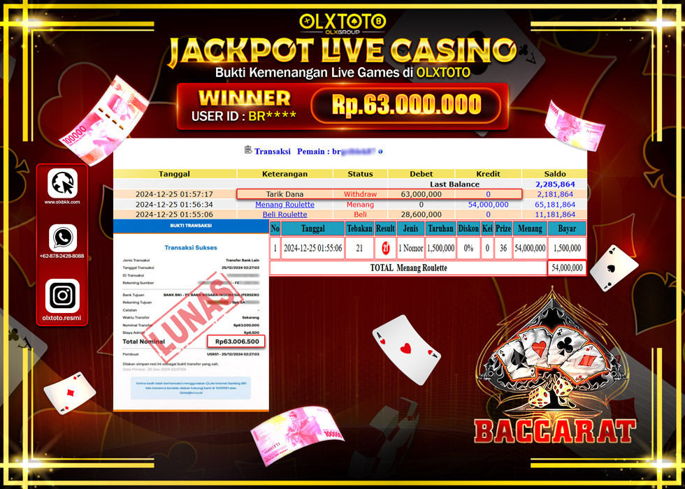 OLXTOTO JACKPOT  LIVE GAMES BACCARAT  Rp.63.000.000.,- LUNAS
