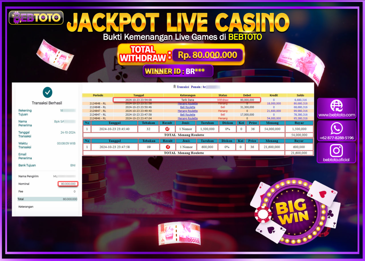 JACKPOT LIVE CASINO BEBTOTO ROULETTE Rp.80.000.000.,- LUNAS