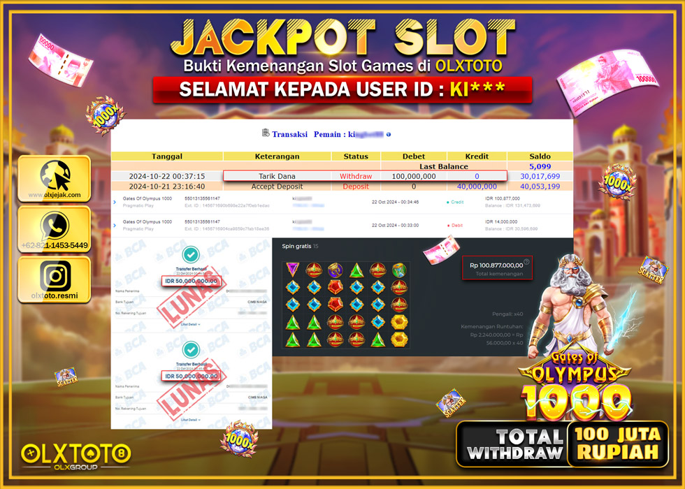 OLXTOTO JACKPOT  SLOT GATES OF OLYMPUS 1000 Rp.100.000.000.,- LUNAS