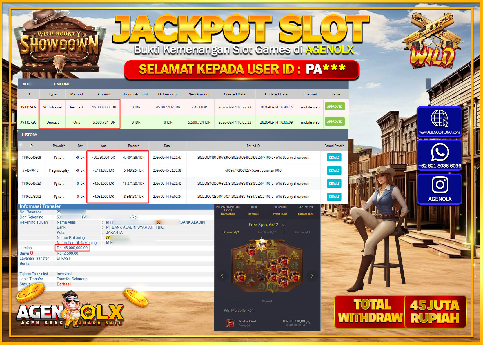 AGENOLX JACKPOT SLOT WILD BOUNTY SHOWDOWN Rp 45.000.000 - LUNAS   