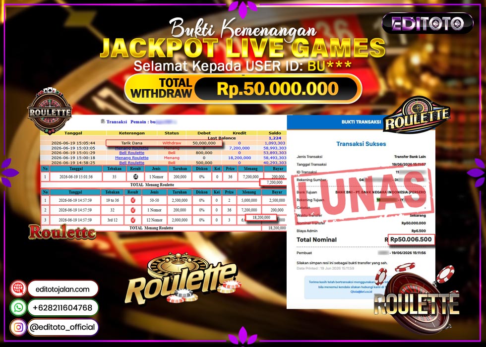 JACKPOT EDITOTO LIVE GAMES ROULLET Rp.50.000.000.,- LUNAS
