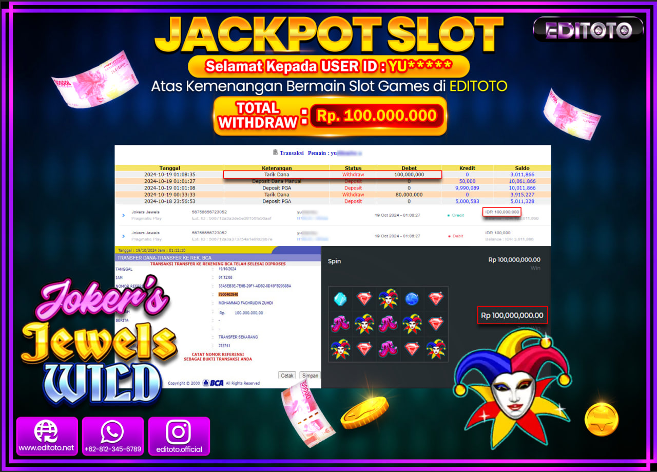 JACKPOT SLOT Jokers Jewels 1000 Rp.100.000.000.,- LUNAS