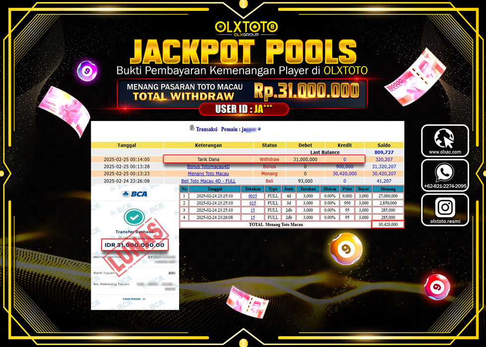 OLXTOTO JACKPOT TOGEL PASARAN TOTO MACAU Rp.31.000.000.,- LUNAS