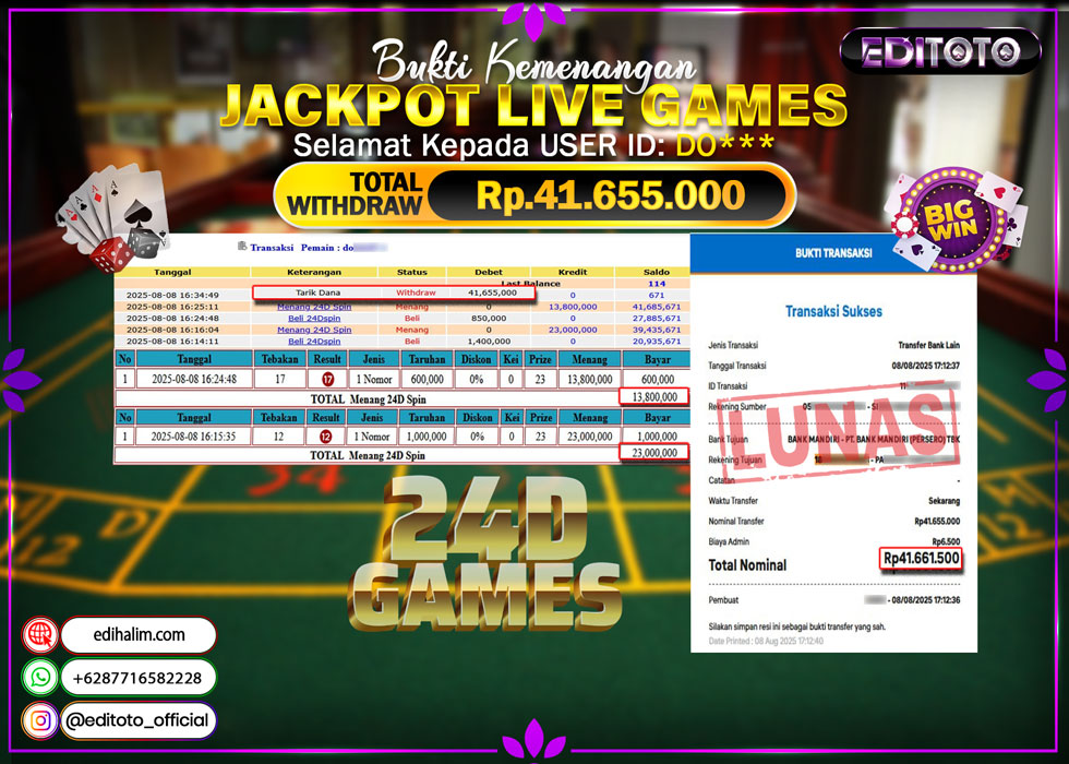 JACKPOT EDITOTO LIVE GAMES 24D GAMES  SPIN Rp. 41.655.000.,- LUNAS