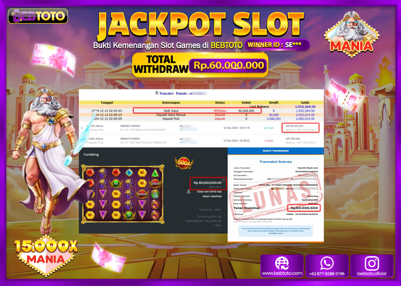 JACKPOT SLOT BEBTOTO 15.000X MANIA 1000 Rp.60.000.000.,- LUNAS