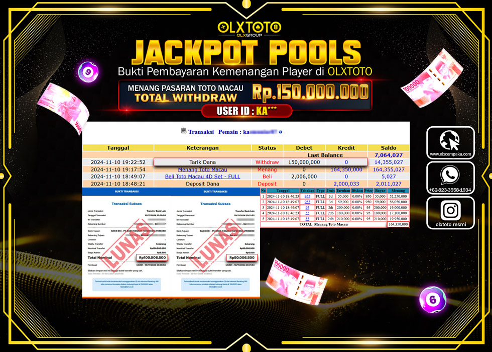 OLXTOTO JACKPOT  TOGEL POOL TOTO MACAU Rp.150.000.000.,- LUNAS