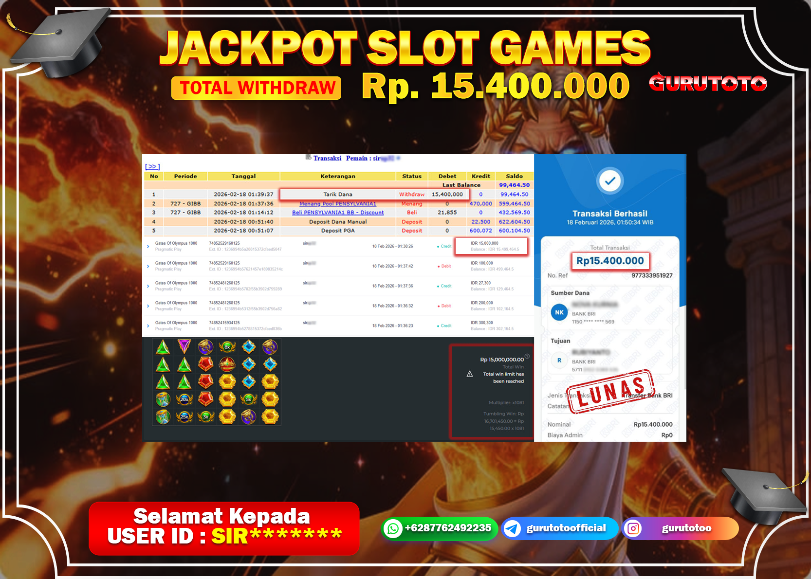 Bukti Kemenangan Rp 15.400.000 GATES OF OLYMPUS 1000 di GURUTOTO !