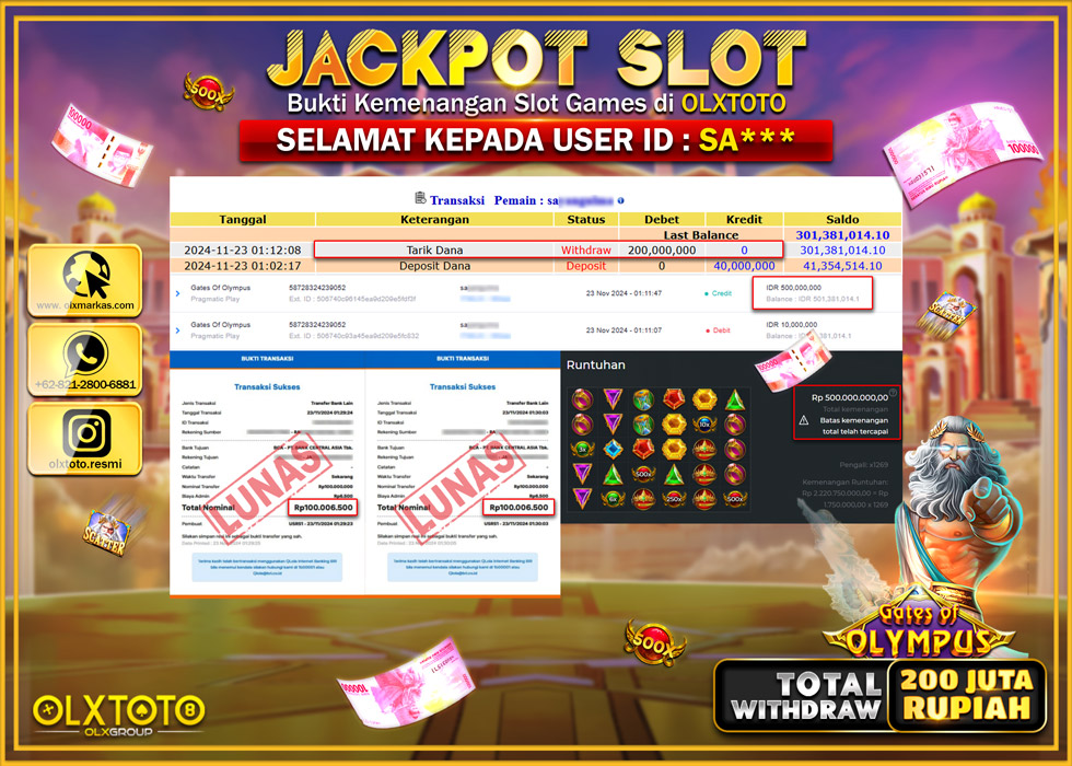 OLXTOTO JACKPOT  SLOT GATES OF OLYMPUS Rp.200.000.000.,- LUNAS