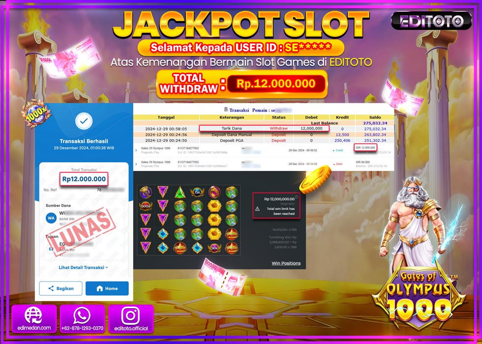 JACKPOT SLOT GATES OF OLYMPUS 1000 Rp.12.000.000.,- LUNAS